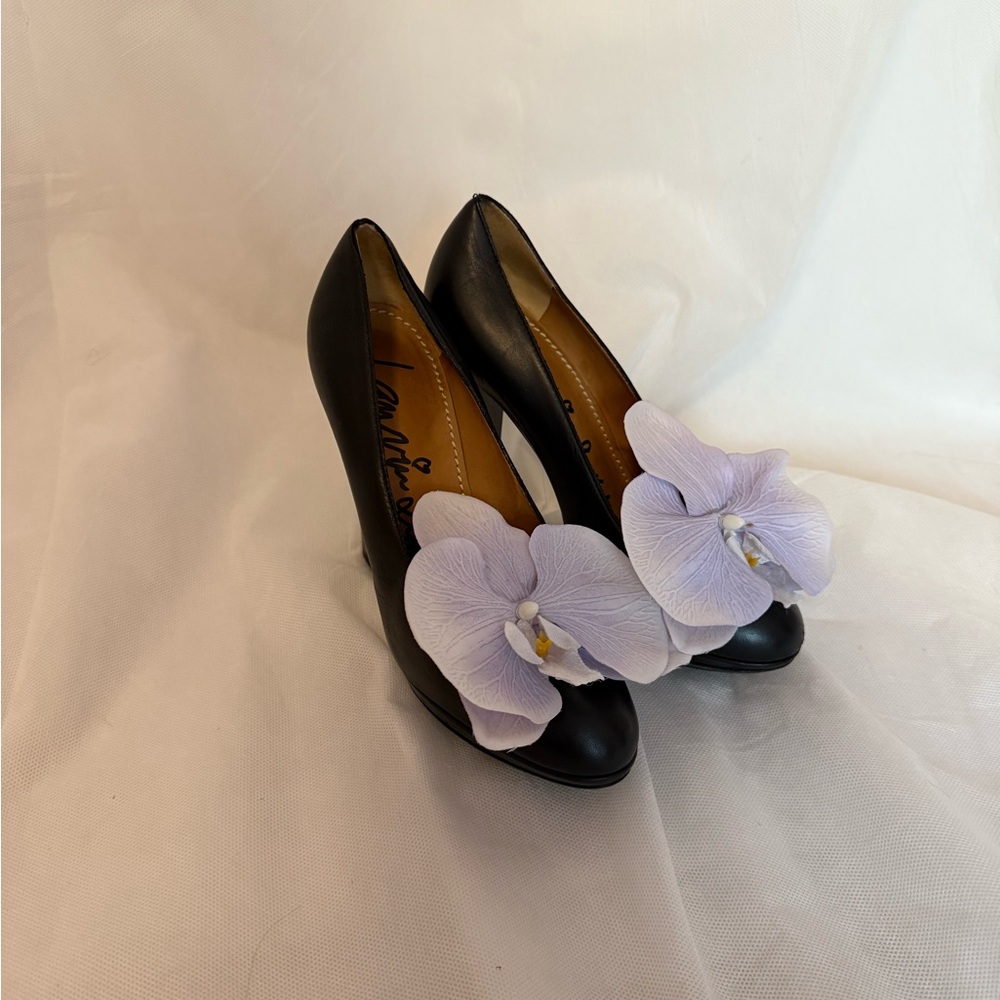 Up-cycled Lanvin Paris shoes heels black 39.5 orchid flower leather platform